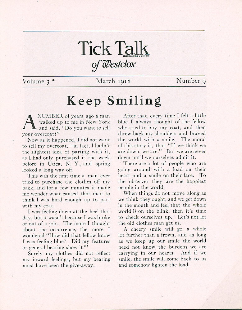 Westclox Tick Talk, March1918 (Factory Edition), Vol. 3 No. 9 > 1