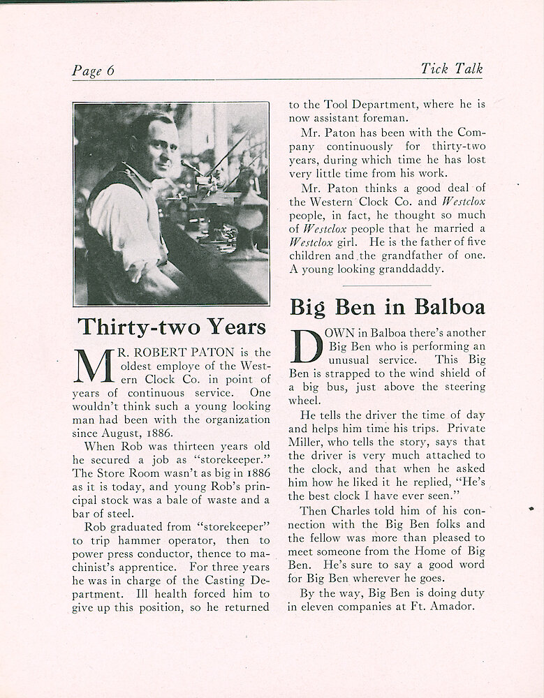 Westclox Tick Talk, March1918 (Factory Edition), Vol. 3 No. 9 > 6. Photo: Personnel: Robert Patton - 32 Years At Westclox. Started In 1886 At Age 13.