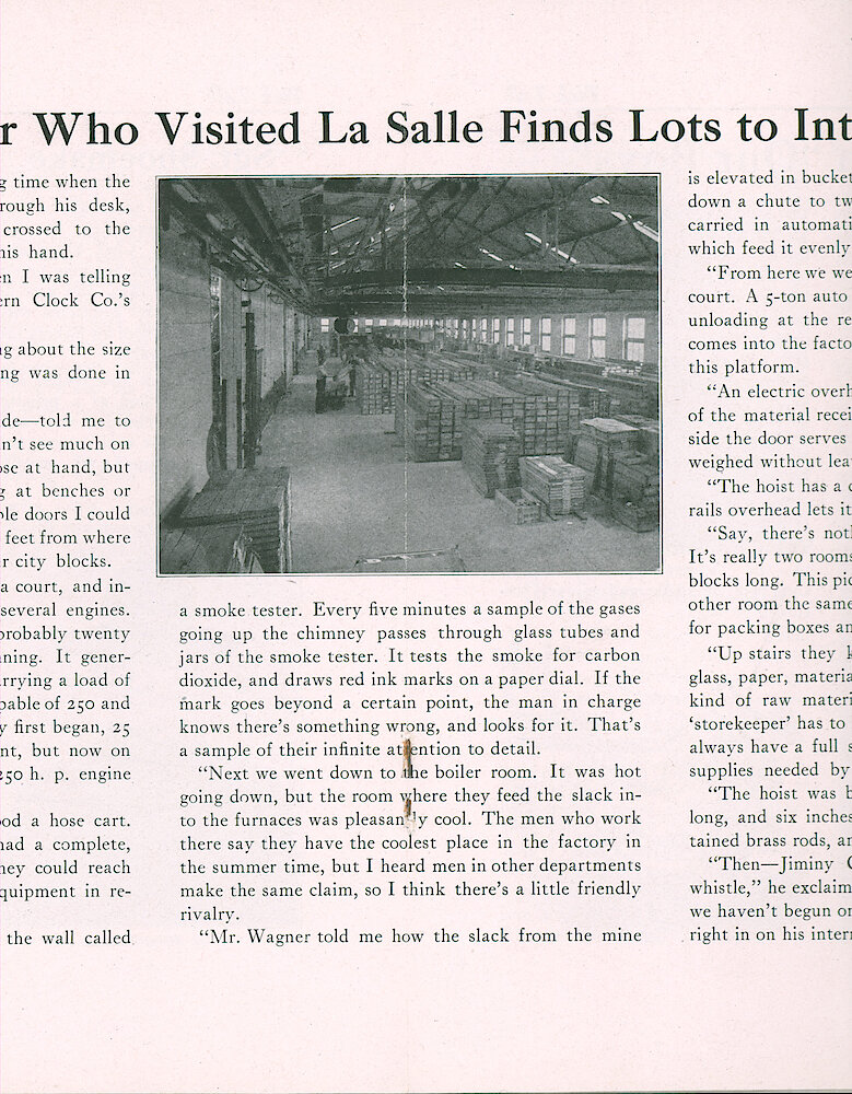 Westclox Tick Talk, March1918 (Factory Edition), Vol. 3 No. 9 > 8-9. Article: "The Jeweler Who Visited La Salle Finds Lots To Interest Him"