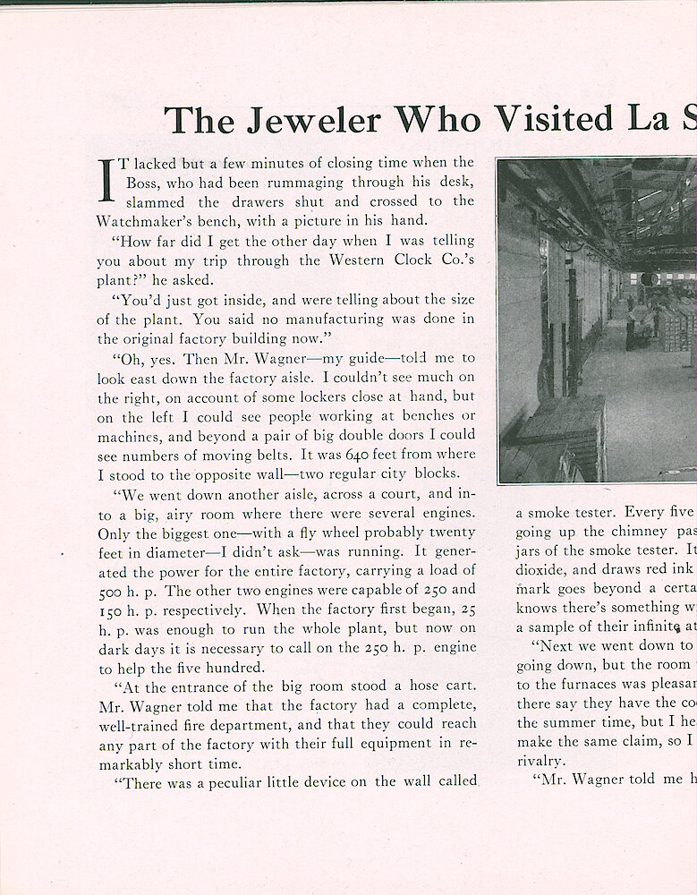 Westclox Tick Talk, March1918 (Factory Edition), Vol. 3 No. 9 > 8. Article: "The Jeweler Who Visited La Salle Finds Lots To Interest Him" Power Plant, Fire Department, Smoke Tester, Boiler Room, Store Room.