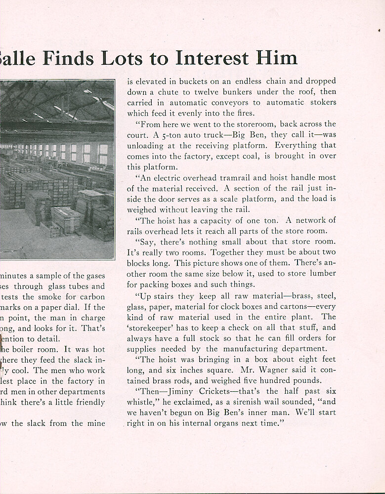 Westclox Tick Talk, March1918 (Factory Edition), Vol. 3 No. 9 > 9. Article: "The Jeweler Who Visited La Salle Finds Lots To Interest Him"