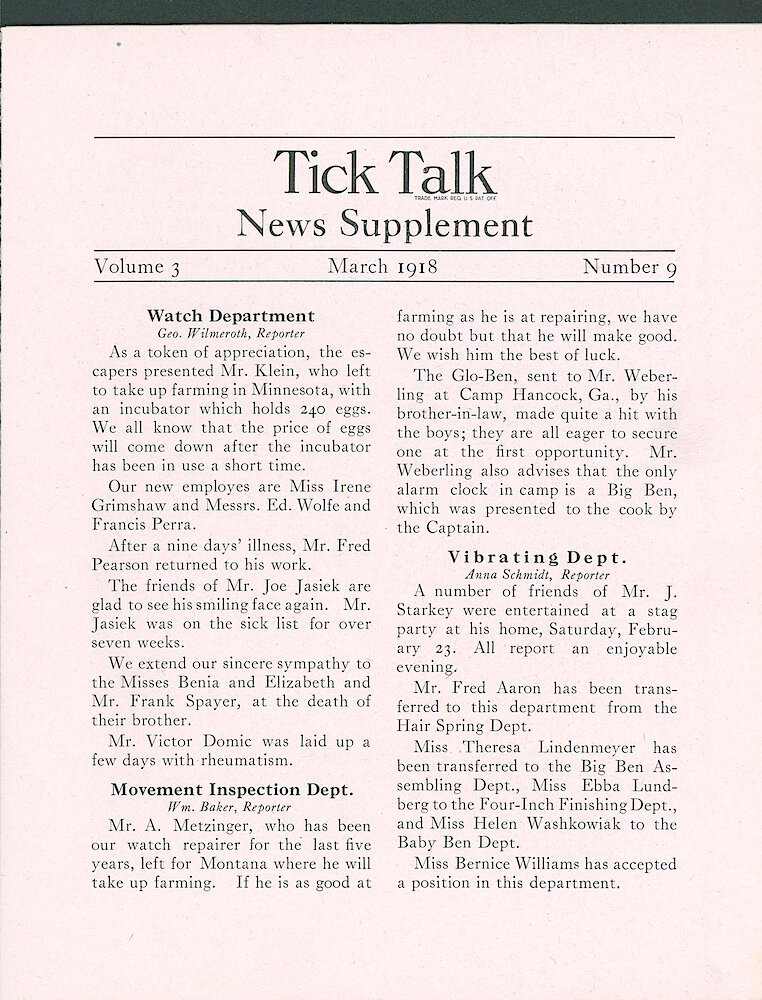 Westclox Tick Talk March 1918 (News Supplement), Vol. 3 No. 9. News Of Employees In Watch, Vibrating And Movement Inspection Departments.