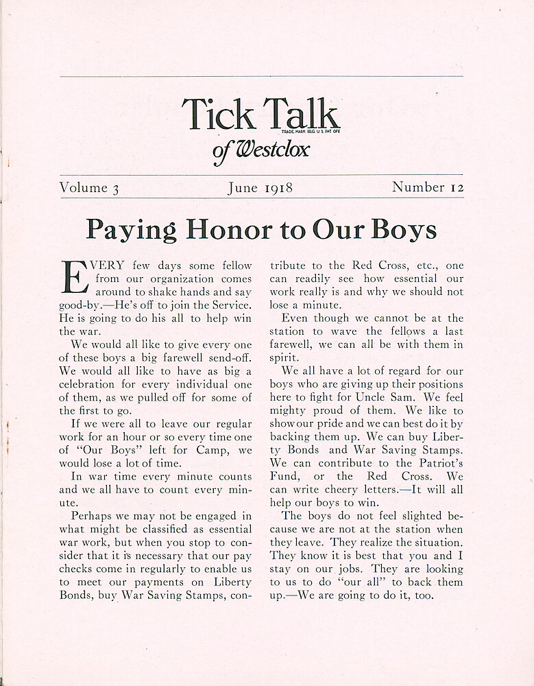 Westclox Tick Talk, June 1918 (Factory Edition), Vol. 3 No. 12 > 1