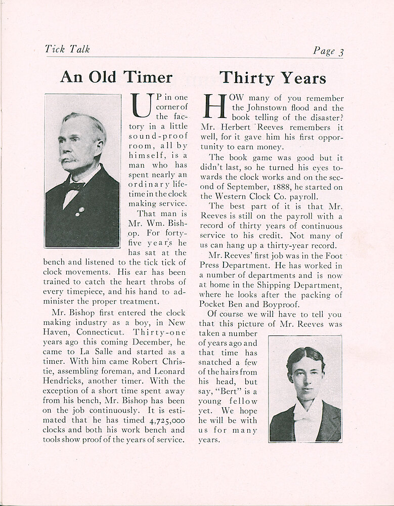 Westclox Tick Talk, June 1918 (Factory Edition), Vol. 3 No. 12 > 3. Personnel: Robert Bishop - Clock Timer For 31 Years At Westclox, And Was At New Haven Before That. Herbert Reeves - 30 Years Of Service - Started In Foot Press And Now In Shipping.