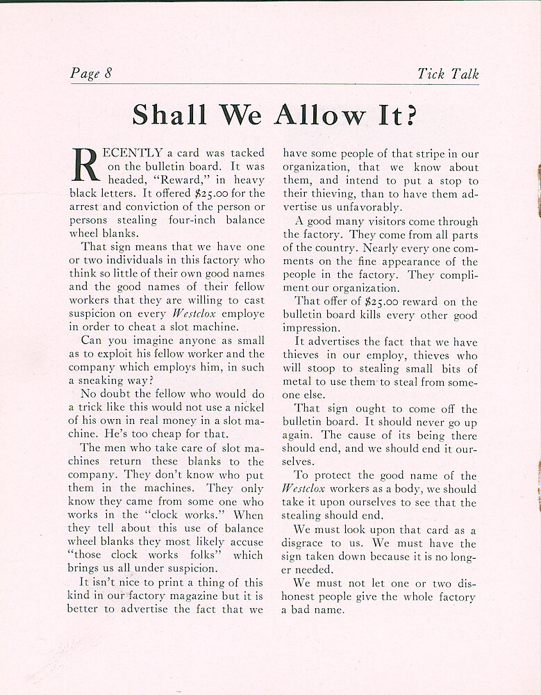 Westclox Tick Talk, June 1918 (Factory Edition), Vol. 3 No. 12 > 8. Article: Someone Is Stealing Four-inch Balance Wheel Blanks And Using Them To Play The Slot Machines.