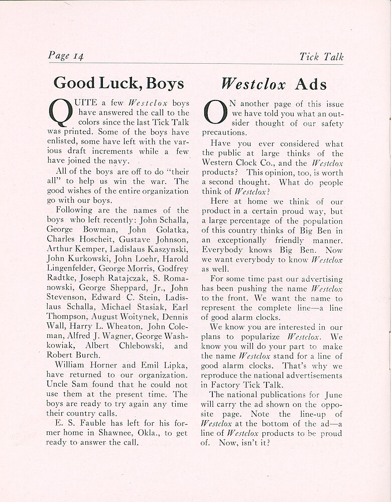 Westclox Tick Talk, June 1918 (Factory Edition), Vol. 3 No. 12 > 14. Advertisement Caption: Article: Westclox Ads. The Advertisement Is On Page 15.