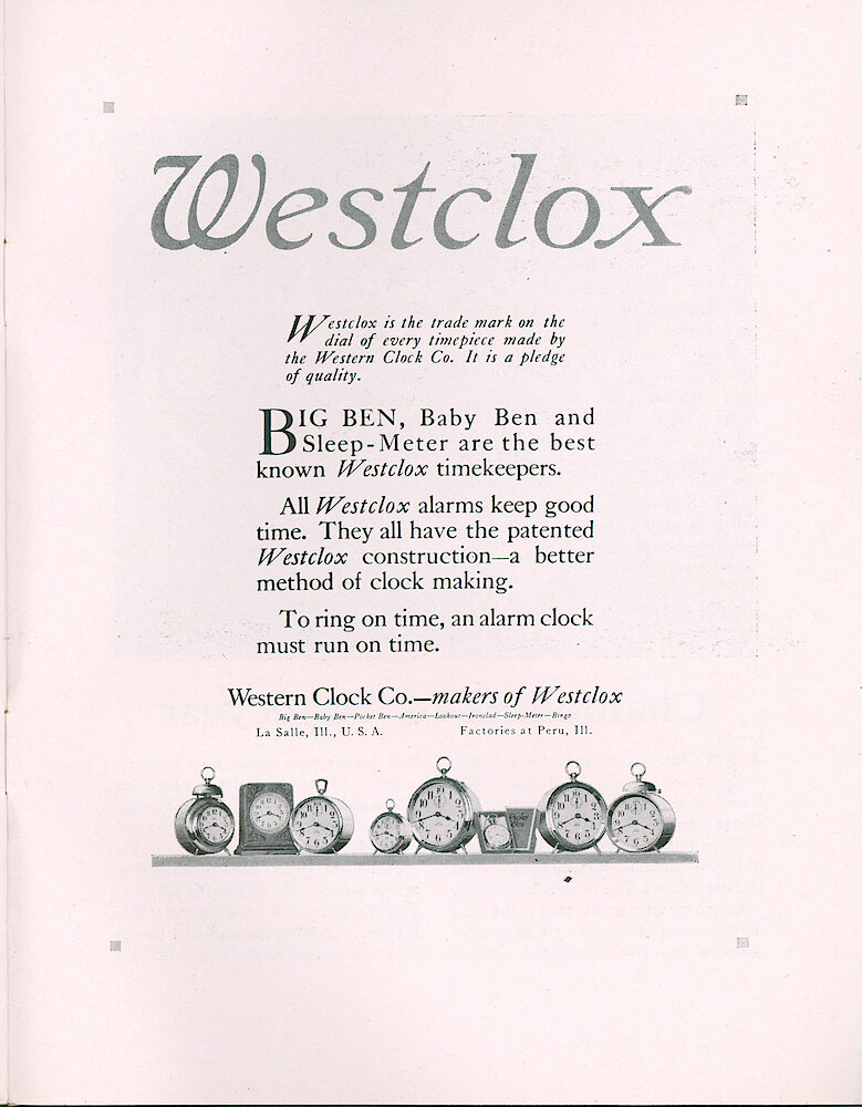 Westclox Tick Talk, June 1918 (Factory Edition), Vol. 3 No. 12 > 15. Advertisement: The Westclox Trademark. Article On Page 14.