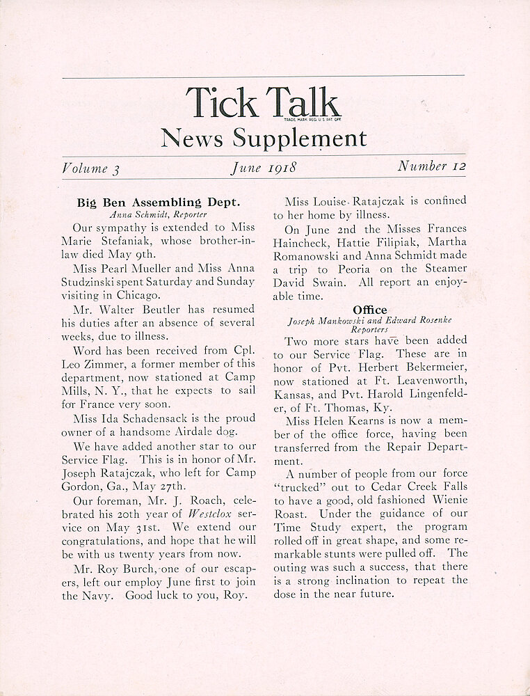 Westclox Tick Talk, June 1918 (News Supplement), Vol. 3 No. 12. News Of Employees In Big Ben Department And Office