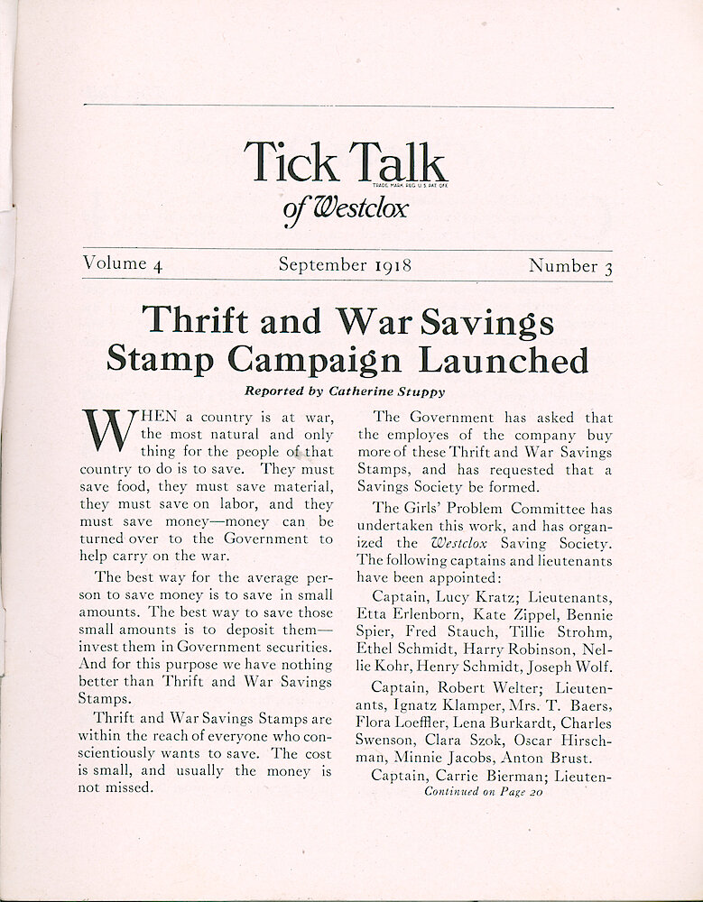 Westclox Tick Talk, September 1918 (Factory Edition), Vol. 4 No. 3 > 1