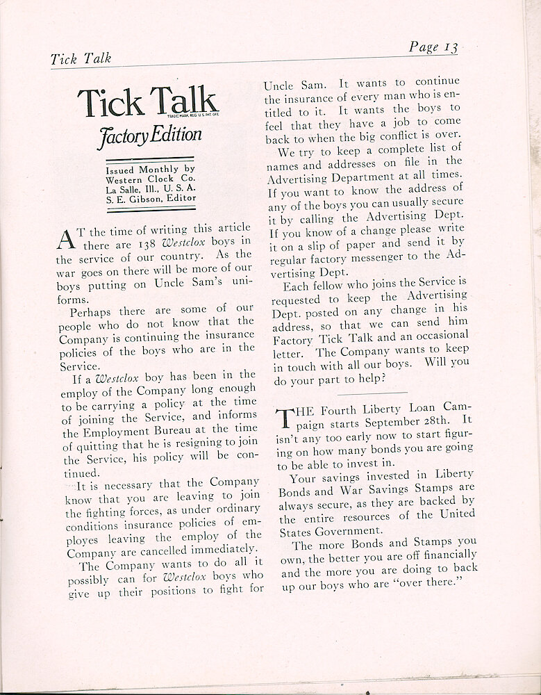 Westclox Tick Talk, September 1918 (Factory Edition), Vol. 4 No. 3 > 13