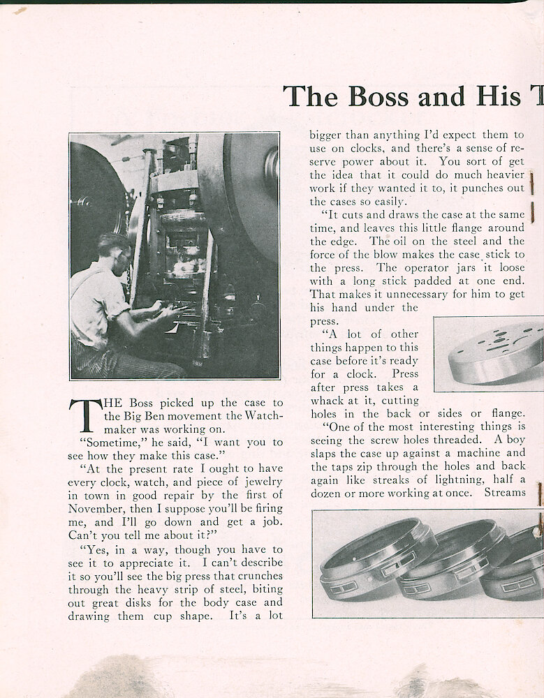 Westclox Tick Talk, September 1918 (Factory Edition), Vol. 4 No. 3 > 16. Article: "The Boss And His Trip To The Factory" Making Cases, Shows Big Ben Bezel, Inner Back And Bell Back.