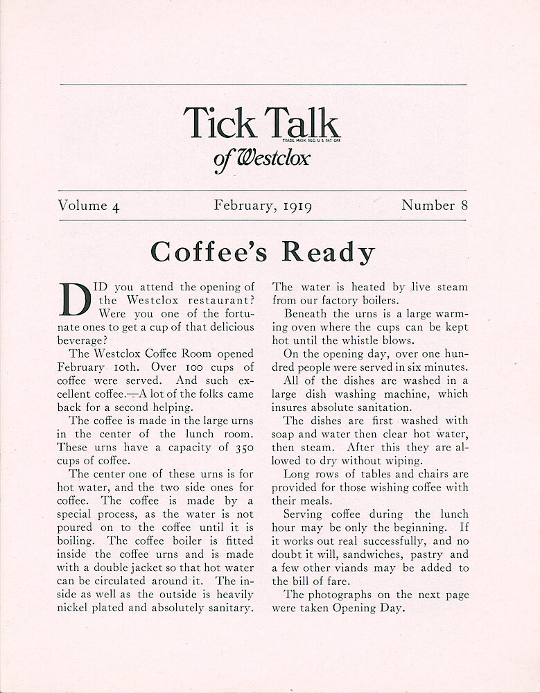 Westclox Tick Talk, February 1919 (Factory Edition), Vol. 4 No. 8 > 1