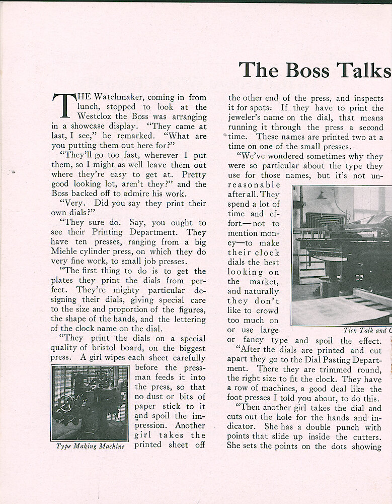 Westclox Tick Talk, February 1919 (Factory Edition), Vol. 4 No. 8 > 16. Article: "The Boss Talks About Printing" Dial Printing, Labels And Tick Talk.
