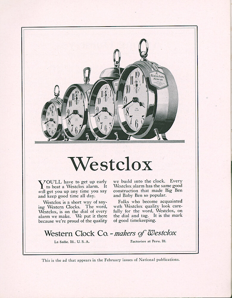 Westclox Tick Talk, February 1919 (Factory Edition), Vol. 4 No. 8 > 21. Advertisement: "You&039;ll Have To Get Up Early To Beat A Westclox Alarm." Shows Baby Ben, Sleep-Meter, America And Big Ben.