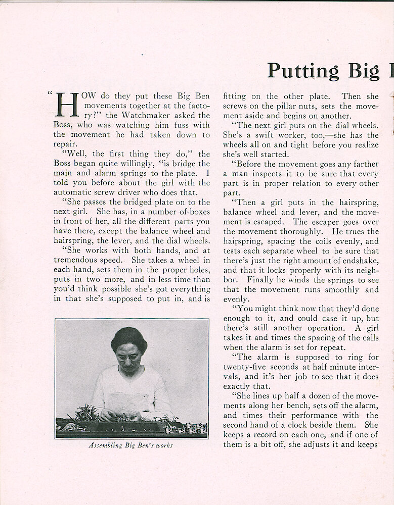 Westclox Tick Talk, May 1919 (Factory Edition), Vol. 4 No. 11 > 16. Article: "Putting Big Ben Together" Illustrated Two Page Article On The Assembly Process.