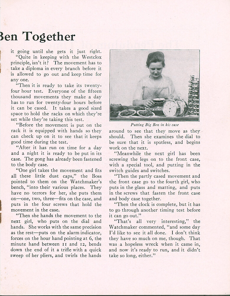 Westclox Tick Talk, May 1919 (Factory Edition), Vol. 4 No. 11 > 17. Article: "Putting Big Ben Together"