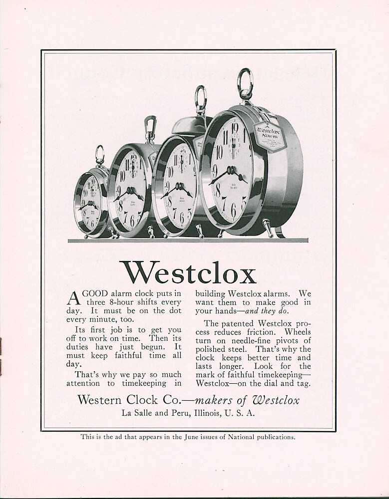 Westclox Tick Talk, May 1919 (Factory Edition), Vol. 4 No. 11 > 19. Advertisement: "A Good Alarm Clock Puts In Three 8-hour Shifts Every Day." Shows Baby Ben, Sleep-Meter, America And Big Ben.