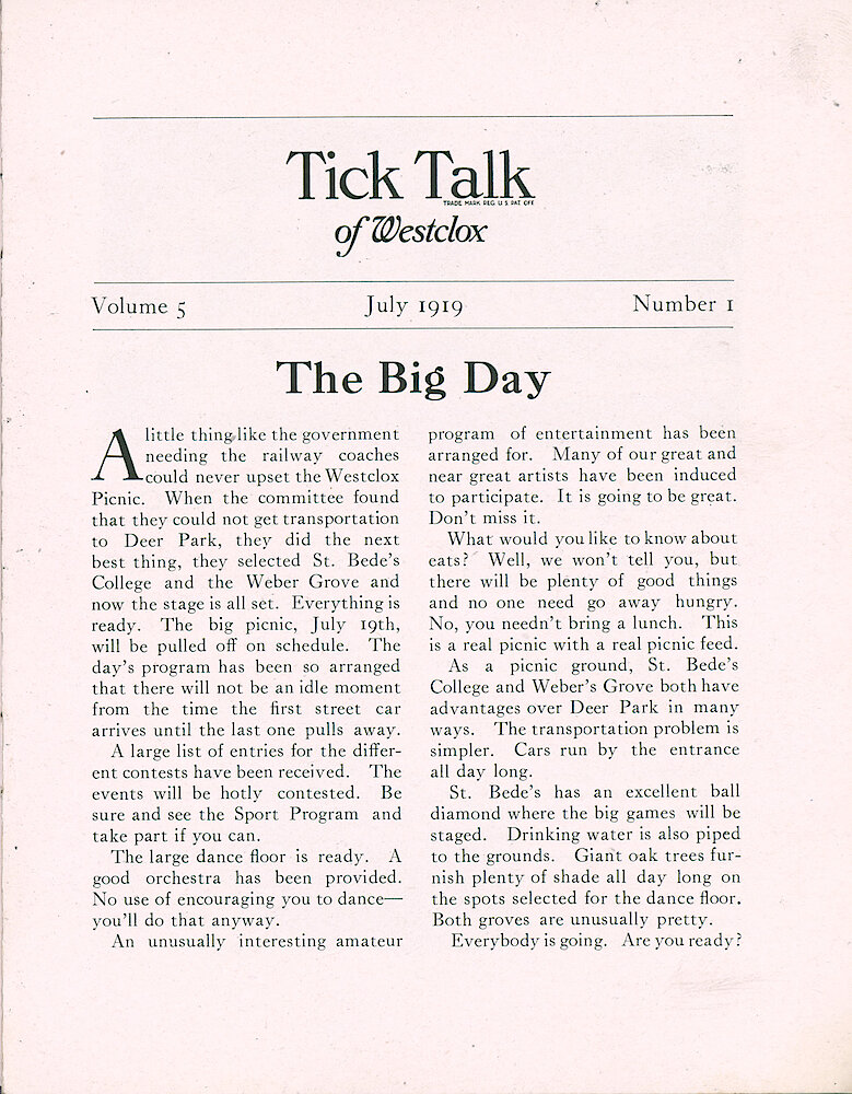 Westclox Tick Talk, July 1919 (Factory Edition), Vol. 5 No. 1 > 1