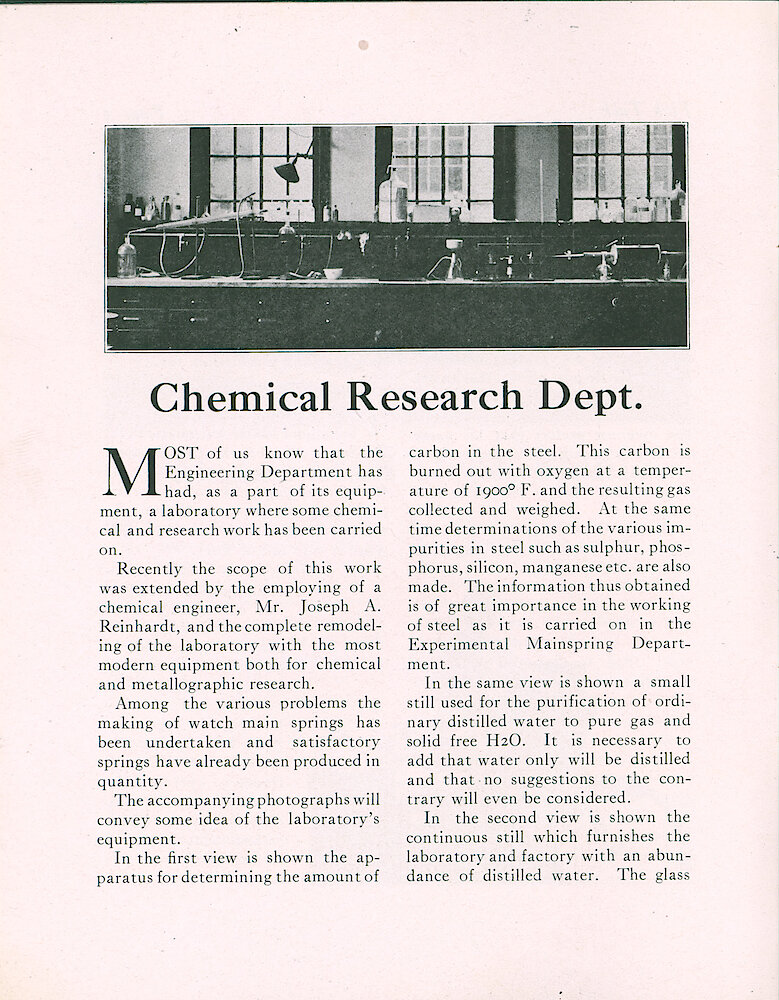 Westclox Tick Talk, July 1919 (Factory Edition), Vol. 5 No. 1 > 4. Article: "Chemical Research Department" The Scope Of This Work Was Extended By Employing Chemical Engineer Joseph A. Reinhardt.