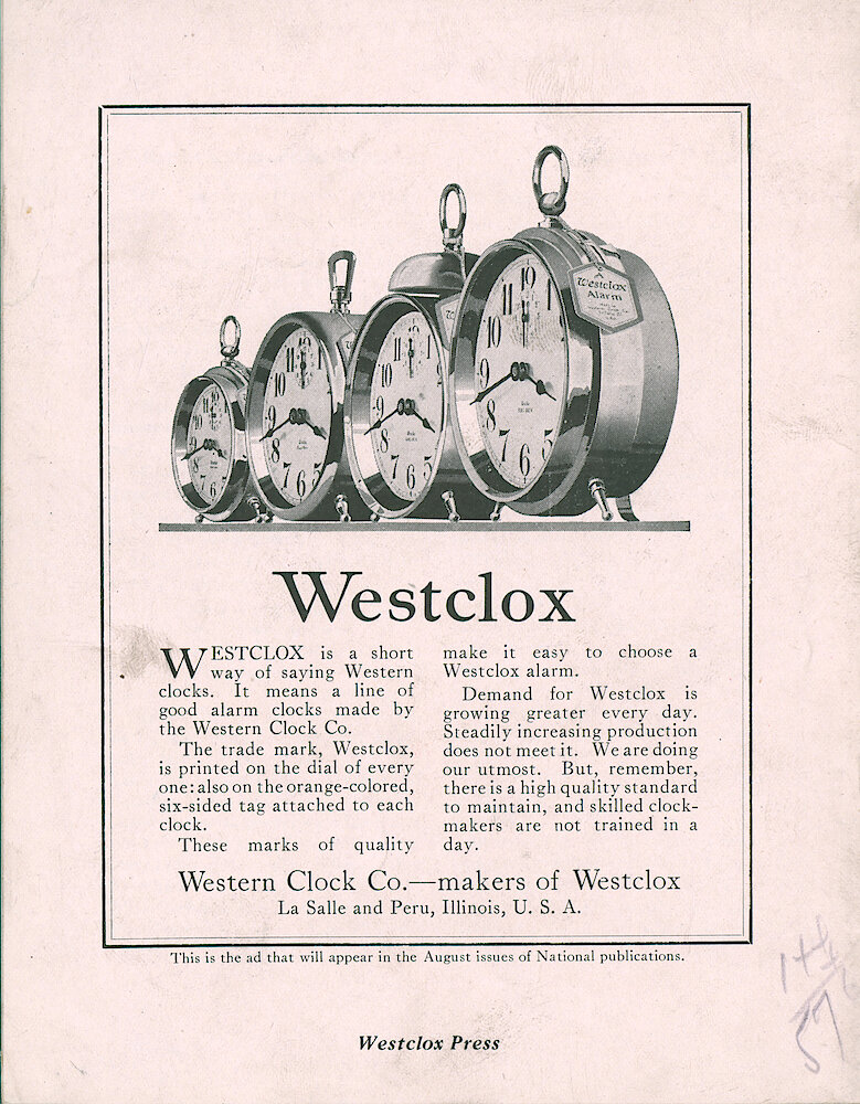 Westclox Tick Talk, July 1919 (Factory Edition), Vol. 5 No. 1 > B. Advertisement: "Westclox Is A Short Way Of Saying Western Clocks. It Means A Good Line Of Alarm Clocks Made By The Western Clock Co.