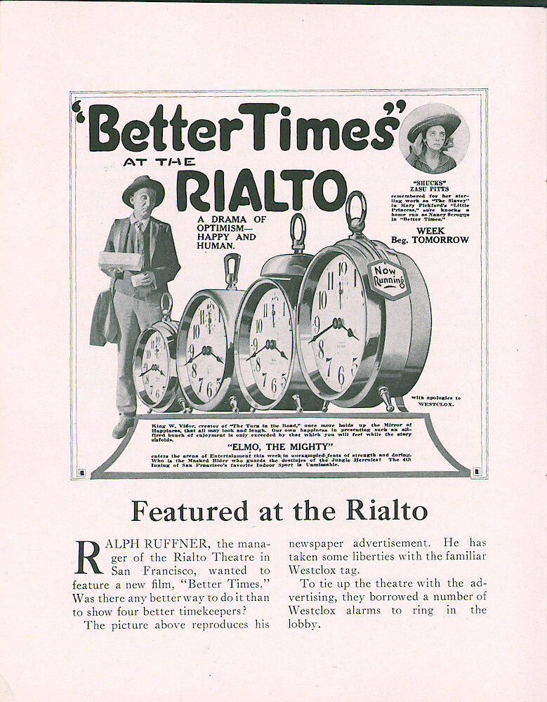 Westclox Tick Talk, October 1919 (Factory Edition), Vol. 5 No. 4 > 8. Advertisement: "Featured At The Rialto" Westclox Clocks Are Featured In An Ad For The Rialto Theatre.