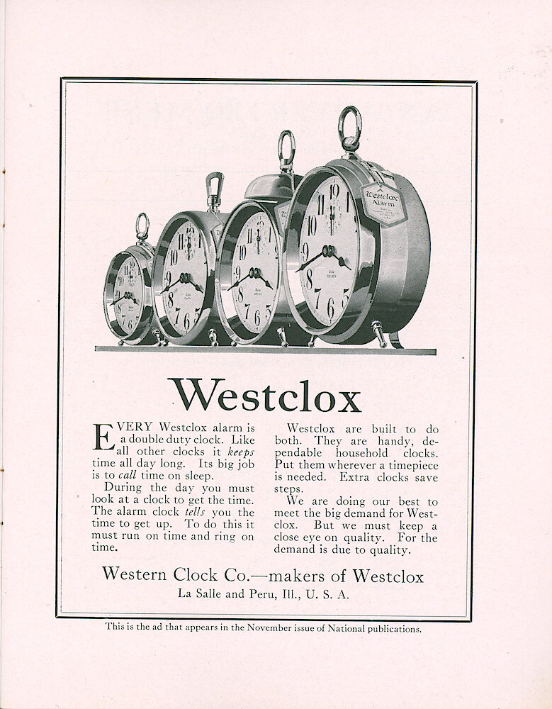Westclox Tick Talk, October 1919 (Factory Edition), Vol. 5 No. 4 > 11. Advertisement: "Every Westclox Alarm Is A Double-duty Clock. Like All Other Clocks, It Keeps Time All Day Long. Its Big Job Is To Call Time On Sleep."