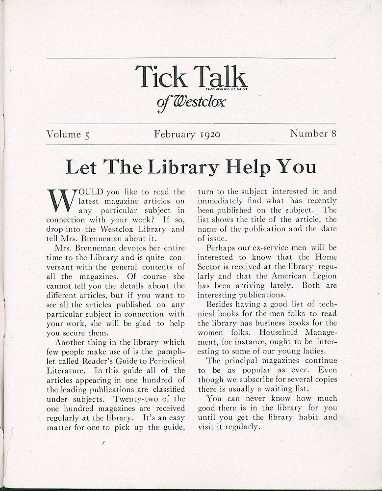 Westclox Tick Talk, February 1920 (Factory Edition), Vol. 5 No. 8 > 1