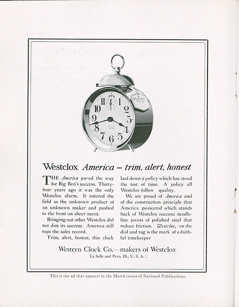 Westclox Tick Talk, February 1920 (Factory Edition), Vol. 5 No. 8 > 14. Advertisement: "Westclox America—trim, Alert, Honest