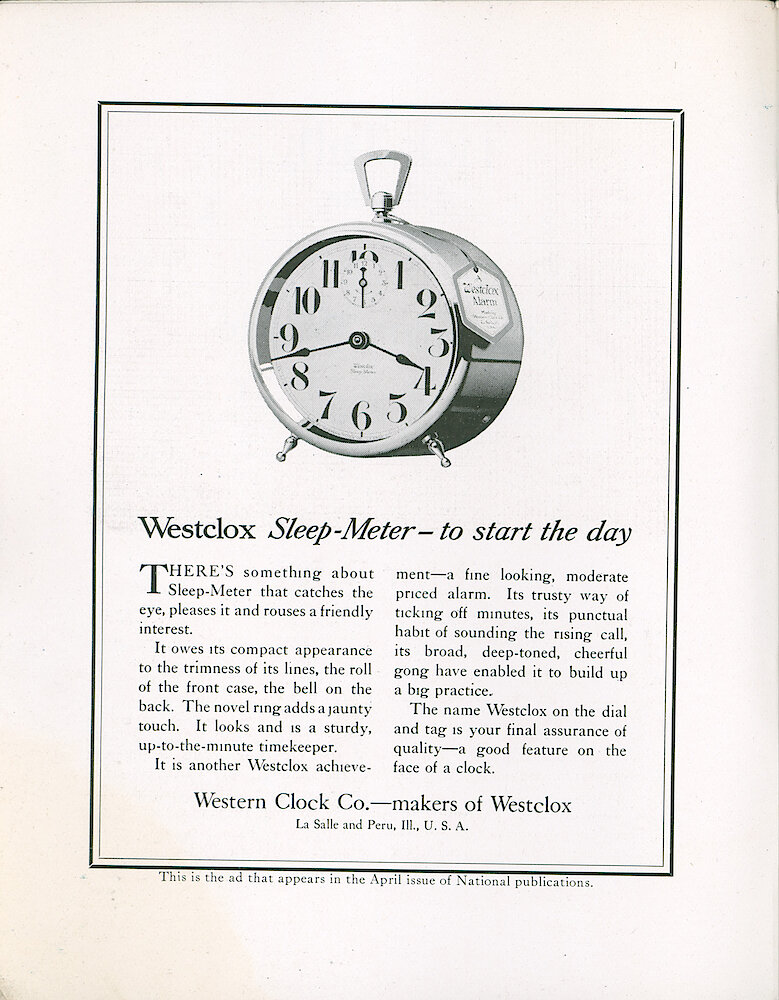 Westclox Tick Talk, March 1920 (Factory Edition), Vol. 5 No. 9 > 2. Advertisement: "Westclox Sleep-Meter—to Start The Day" See Page 1 For Article About This And Other Ads.