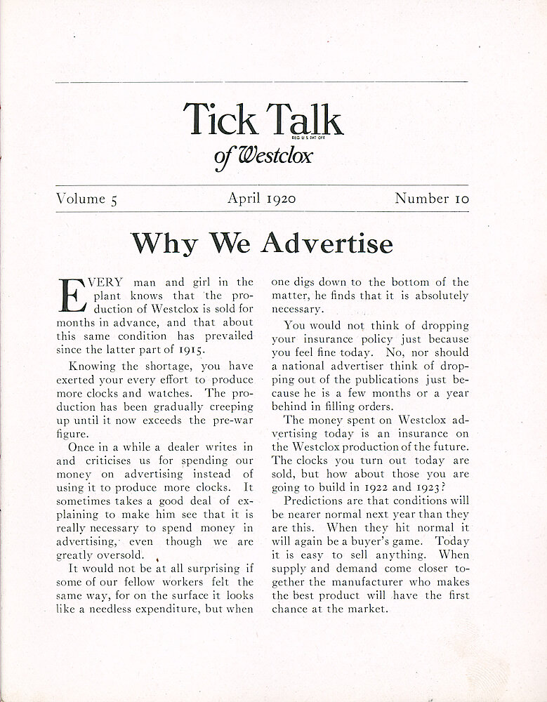 Westclox Tick Talk, April 1920 (Factory Edition), Vol. 5 No. 10 > 1. Article: "Why We Advertise"