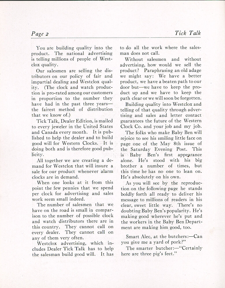 Westclox Tick Talk, April 1920 (Factory Edition), Vol. 5 No. 10 > 2. Article: Advertisement Caption: "Why We Advertise" Refers To The Baby Ben Advertisement On Page 3 (on Page 1 Of The May 8th Saturday Evening Post).