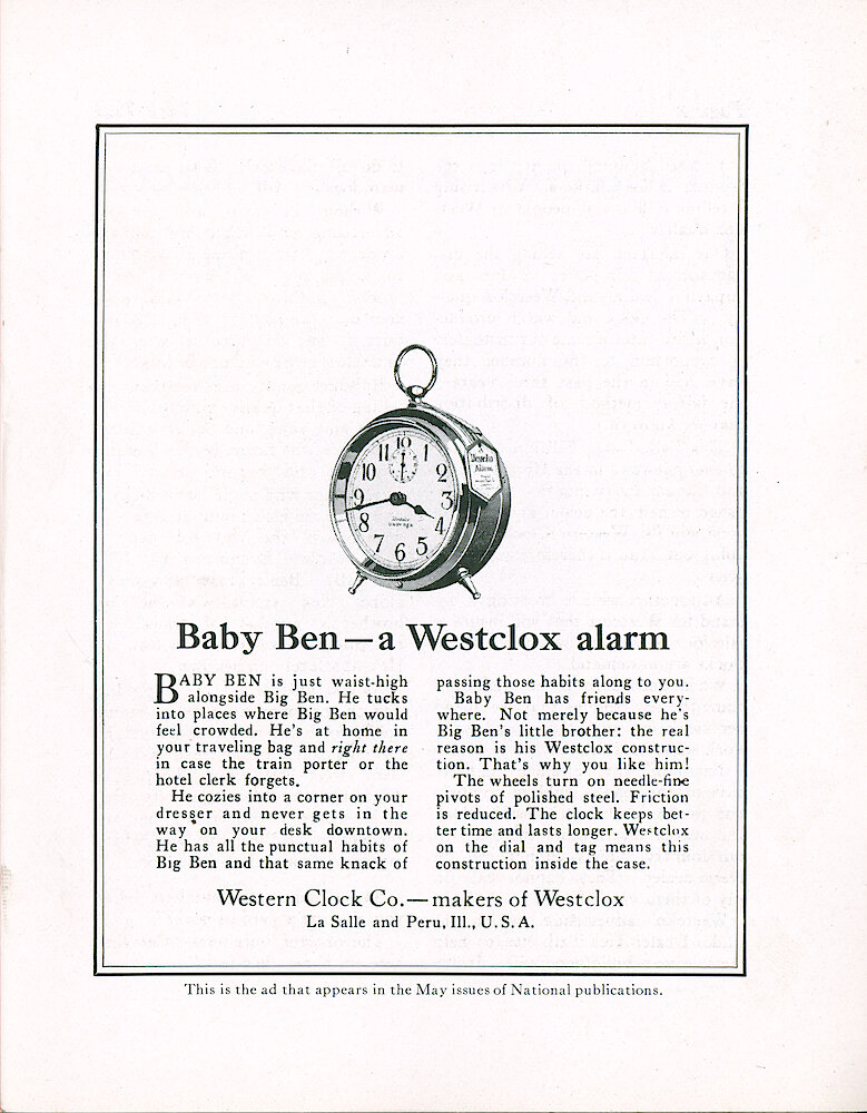 Westclox Tick Talk, April 1920 (Factory Edition), Vol. 5 No. 10 > 3. Advertisement: "Baby Ben—a Westclox Alarm". The Article On Page 2 Refers To This Ad In The May 8th Saturday Evening Post.