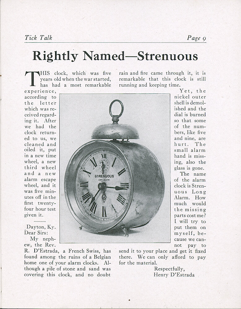 Westclox Tick Talk, May 1920 (Factory Edition), Vol. 5 No. 11 (cover missing) > 9. Historical Picture: Strenuous Long Alarm That Was Found In The Ruins Of A Belgian Home.
