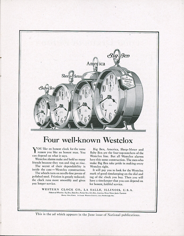 Westclox Tick Talk, May 1920 (Factory Edition), Vol. 5 No. 11 (cover missing) > 11. Advertisement: "Four Well-known Westclox" Shows Baby Ben, Sleep-Meter, America, Big Ben.