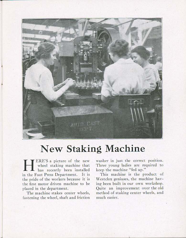 Westclox Tick Talk, June 1920 (Factory Edition), Vol. 5 No. 12 > 5. Manufacturing: Picture: "New Staking Machine" New Staking Machine For Center Wheels.