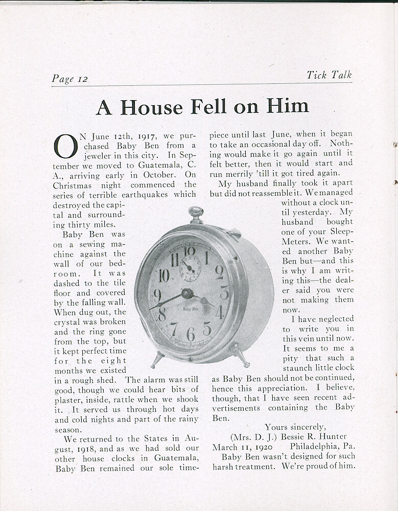 Westclox Tick Talk, June 1920 (Factory Edition), Vol. 5 No. 12 > 12. Historical Article: Picture: A House Fell On Him" A Baby Ben Bought In 1917. The Dial Says Baby Ben But Not Westclox, And Has The Company Name At The Bottom.