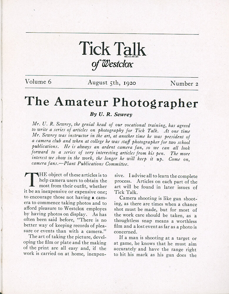 Westclox Tick Talk, August 5, 1920 (Factory Edition), Vol. 6 No. 2 > 1