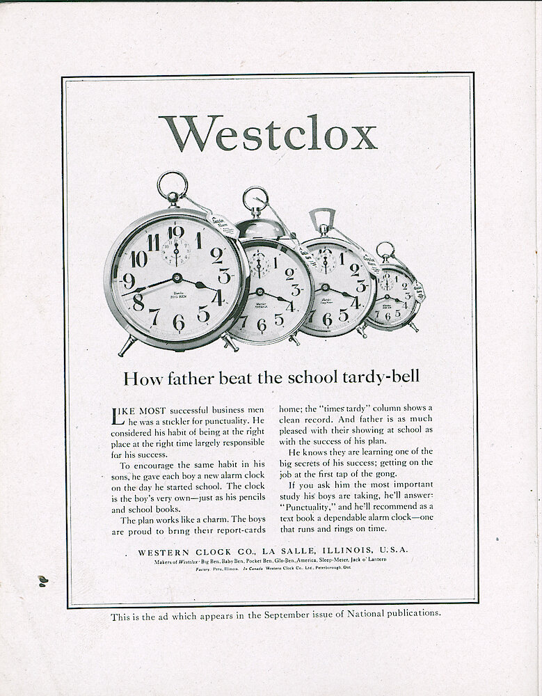 Westclox Tick Talk, September 20, 1920 (Factory Edition) Vol. 6 No. 5 > 6. Advertisement: "How Father Beat The School Tardy-bell" This Ad Appeared In September 1920 National Publications.