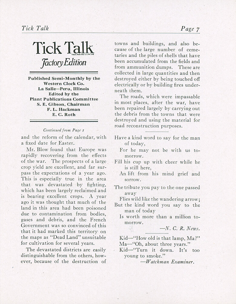 Westclox Tick Talk, October 5, 1920 (Factory Edition), Vol. 6 No. 6 > 7. Article: "Mr. Blow Returns From Europe"