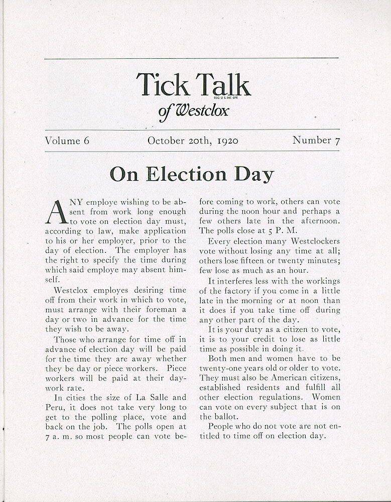 Westclox Tick Talk, October 20, 1920 (Factory Edition), Vol. 6 No. 7 > 1