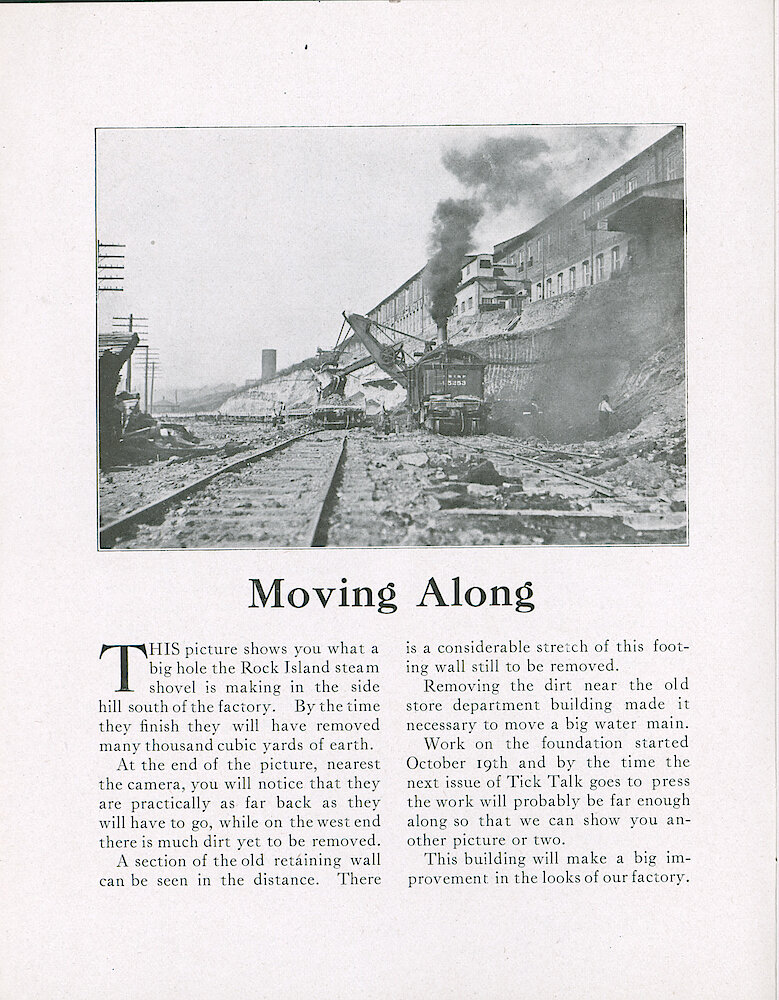 Westclox Tick Talk, October 20, 1920 (Factory Edition), Vol. 6 No. 7 > 2. Factory: Excavation For The Five Story Building.