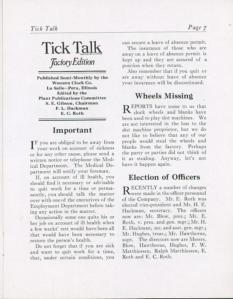 Westclox Tick Talk, October 20, 1920 (Factory Edition), Vol. 6 No. 7 > 7. Article: "Wheels Missing" Clock Wheels And Blanks Have Been Stolen To Play The Slot Machines.