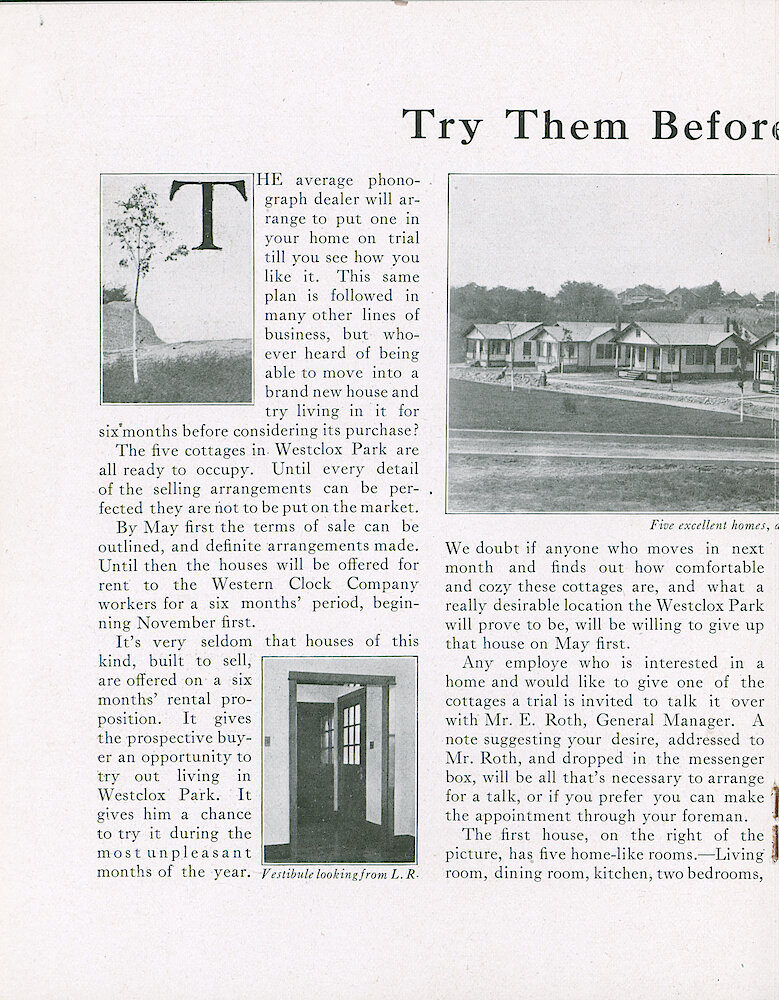 Westclox Tick Talk, October 20, 1920 (Factory Edition), Vol. 6 No. 7 > 8. Article: "Try Them Before You Buy Them" Five Houses In Westclox Park Are Ready To Occupy. They Will Be Offered To Rent To Employees Starting November 1st.