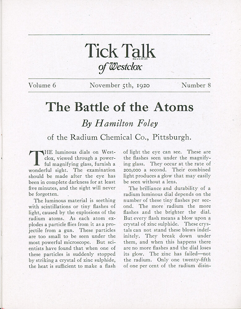 Westclox Tick Talk, November 5, 1920 (Factory edition), Vol. 6 No. 8 > 1