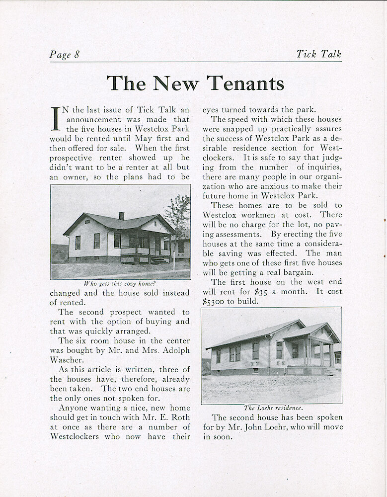 Westclox Tick Talk, November 5, 1920 (Factory edition), Vol. 6 No. 8 > 8. Article: "The New Tenants" The Five Houses In Westclox Park.