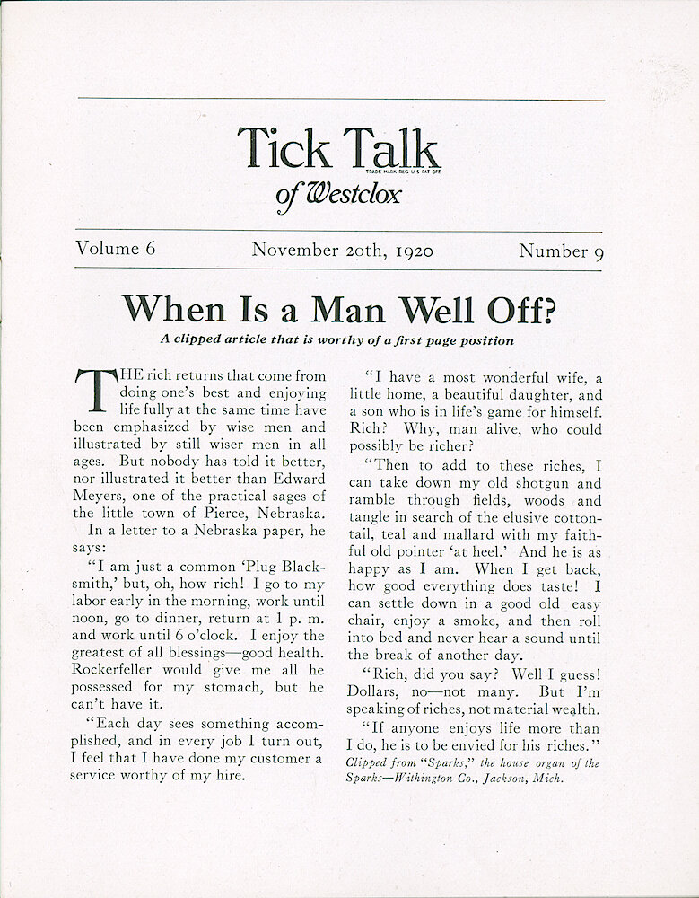 Westclox Tick Talk, November 20, 1920 (Factory Edition), Vol. 6 No. 9 > 1