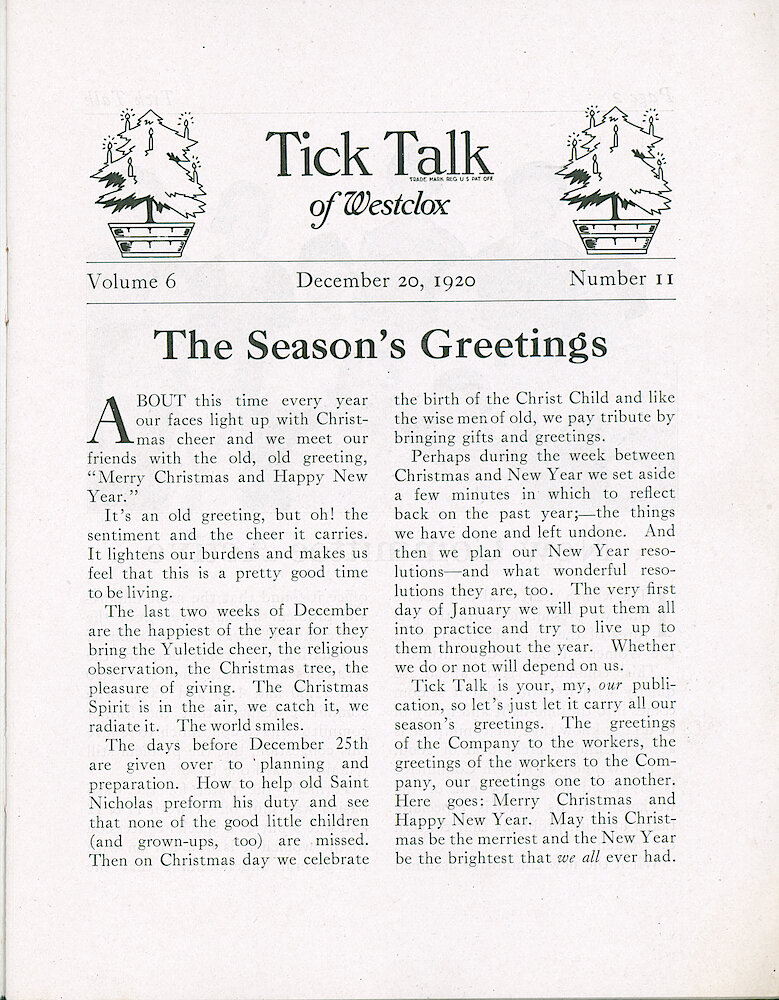 Westclox Tick Talk, December 20, 1920 (Factory Edition), Vol. 6 No. 11 > 1