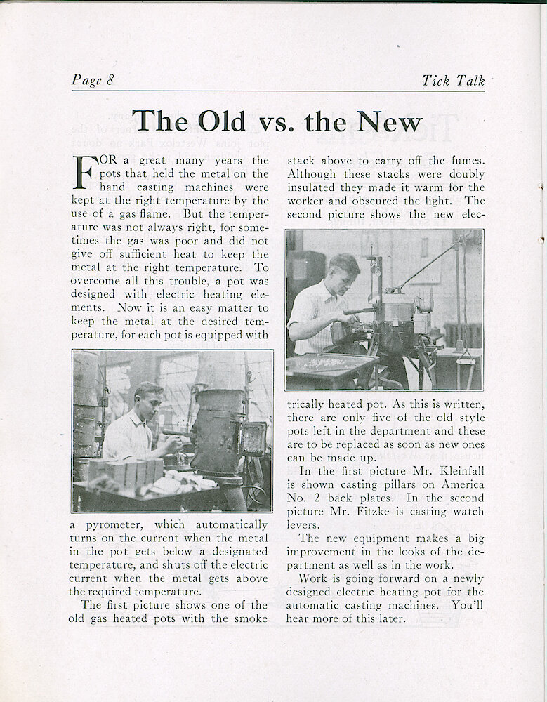 Westclox Tick Talk, December 20, 1920 (Factory Edition), Vol. 6 No. 11 > 8. Manufacturing: "The Old Vs. The New" The Melting Pot For Casting Machines Now Have Automatic Temperature Control. Two Pictures.