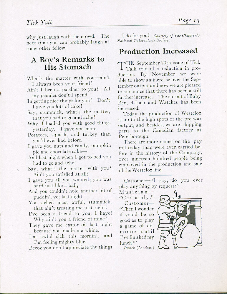 Westclox Tick Talk, December 20, 1920 (Factory Edition), Vol. 6 No. 11 > 13. Article: "Production Increased" The Sept. 20 Issue Told Of A Production Reduction. By November There Was An Increase, And Now There Has Been A Further Increase. The Output Of Baby Ben, 4-inch And Watches Has Been Increased. Payroll Is At An All-time High.