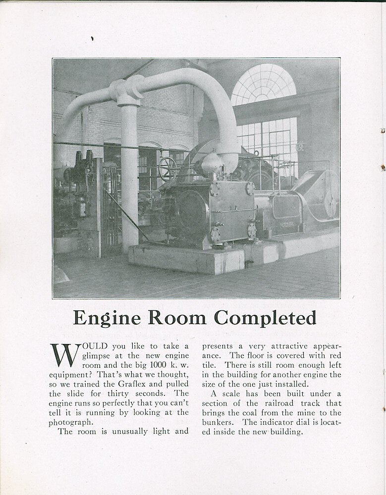 Westclox Tick Talk, December 20, 1920 (Factory Edition), Vol. 6 No. 11 > 14. Factory: "Engine Room Completed" 1000 Kw.